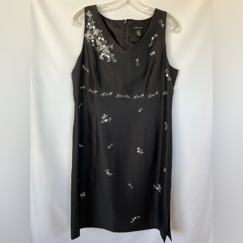 Harolds Womens Vintage Floral‎ Embroidery Silk Sleeveless Black Midi Dress Sz 14